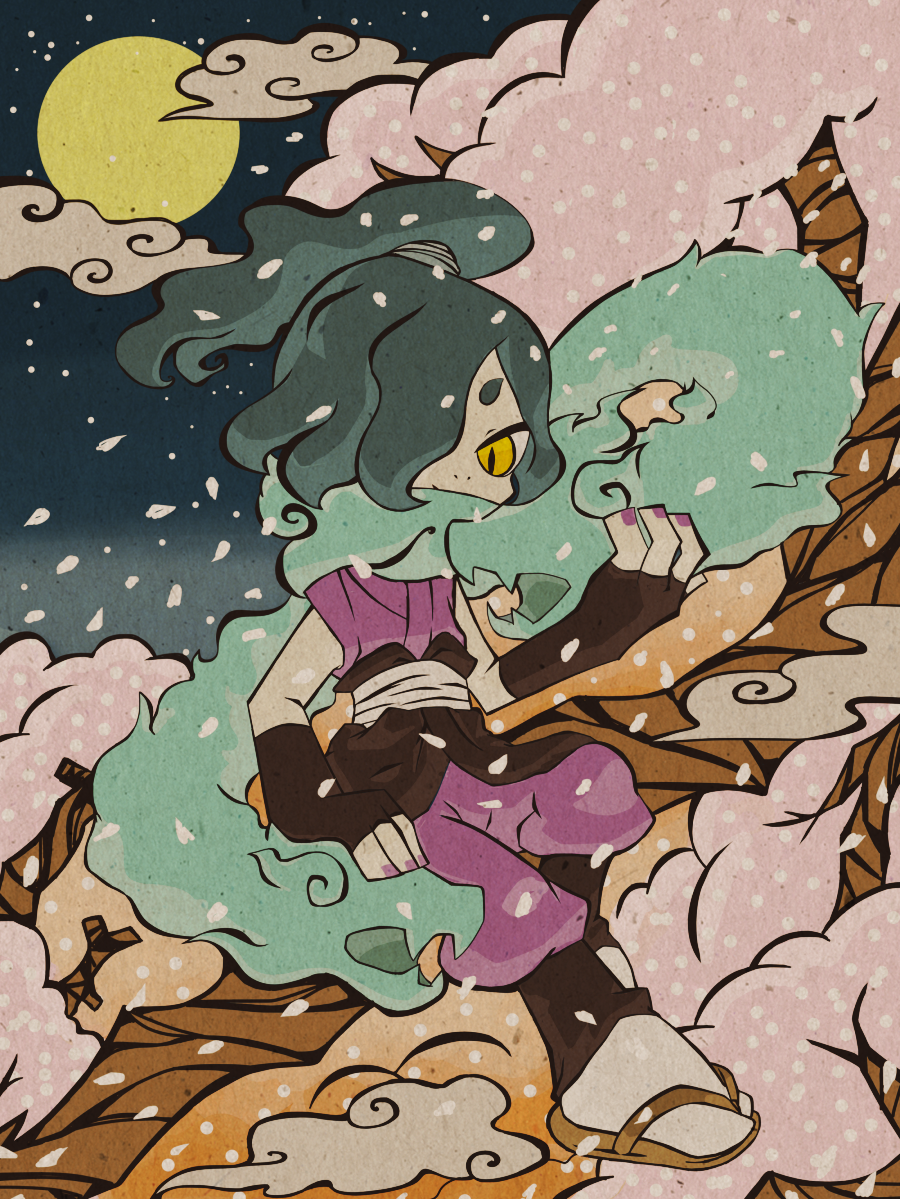 1boy cherry_blossoms cloud falling_petals fingerless_gloves full_moon gloves grey_hair japanese_clothes male_focus moon night nonana_(mikudrop) nostrils orochi_(youkai_watch) outdoors petals ponytail purple_nails sandals smoke socks solo tree white_socks youkai_watch zouri