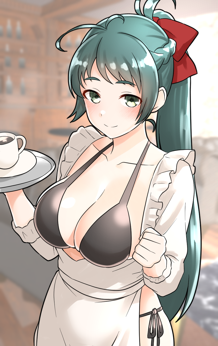 1girl bikini black_bikini blurry blurry_background blush breasts cleavage closed_mouth collarbone commentary_request cowboy_shot dress frilled_dress frills furaggu_(frag_0416) green_eyes highres holding holding_tray indoors irako_(kancolle) kantai_collection large_breasts long_hair long_sleeves one-hour_drawing_challenge smile solo swimsuit tray