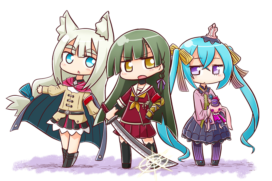 3girls 7th_dragon_(series) 7th_dragon_2020 :o animal_ear_fluff animal_ears asymmetrical_sleeves black_footwear black_gloves black_skirt black_thighhighs blue_bow blue_cape blue_eyes blue_hair boots bow braid brown_eyes brown_jacket brown_neckerchief cape chelsea_(7th_dragon) chibi chitrine_(7th_dragon) closed_mouth commentary_request crown elbow_gloves gloves green_hair grey_hair hacker_(7th_dragon) hair_bow hair_ribbon hand_on_own_hip holding holding_stuffed_toy holding_sword holding_weapon jacket katana long_hair long_sleeves lucier_(7th_dragon) mini_crown multiple_girls naga_u neckerchief open_mouth pantyhose parted_lips pink_jacket pleated_skirt puffy_long_sleeves puffy_sleeves purple_eyes purple_pantyhose purple_ribbon red_serafuku red_shirt red_skirt ribbon sailor_collar samurai_(7th_dragon) school_uniform serafuku shirt shoes short_eyebrows simple_background single_glove skirt sleeves_past_fingers sleeves_past_wrists striped_bow striped_clothes striped_pantyhose stuffed_animal stuffed_rabbit stuffed_toy sword thick_eyebrows thighhighs twintails vertical-striped_clothes vertical-striped_pantyhose very_long_hair weapon white_background white_sailor_collar yellow_bow