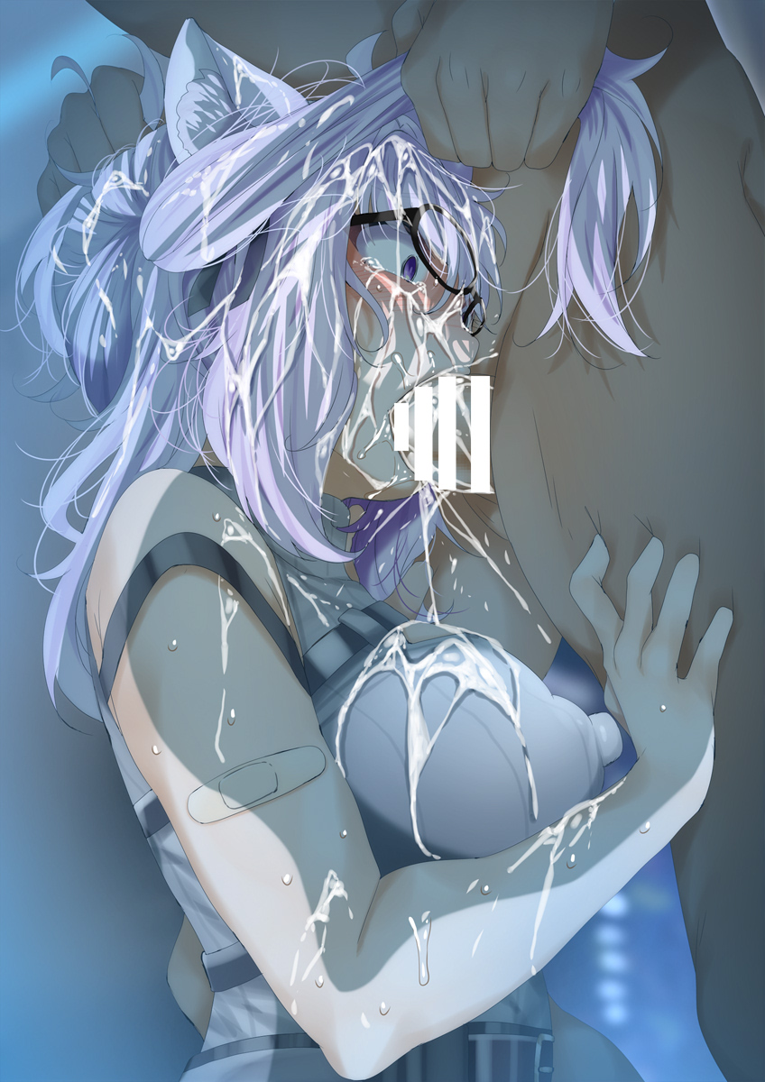 1boy 1girl animal_ear_fluff animal_ears bar_censor belt blush breasts censored clothed_female_nude_male constricted_pupils copyright_request covered_erect_nipples crying crying_with_eyes_open cum cum_on_body cum_on_breasts cum_on_hair cum_on_upper_body cum_overflow deepthroat erection facial fellatio fumihiko_(fu_mihi_ko) glasses grabbing_another&#039;s_hair hair_between_eyes hetero highres holding_another&#039;s_hair hololive hololive_gamers huge_nipples irrumatio large_areolae large_breasts long_hair nekomata_okayu nekomata_okayu_(8th_costume) nude oral penis purple_hair rough_sex sex sidelocks sleeveless sleeveless_sweater strap sweater tears turtleneck turtleneck_sweater twintails virtual_youtuber white_sweater wide-eyed