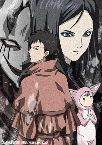 00s 1boy 2girls angry animal_costume black_hair blue_eyes blush rabbit_costume ergo_proxy ergo_proxy_(character) eyeshadow green_eyes lowres makeup midori_(searchlight) multiple_girls pino_(ergo_proxy) purple_hair re-l_mayer vincent_law
