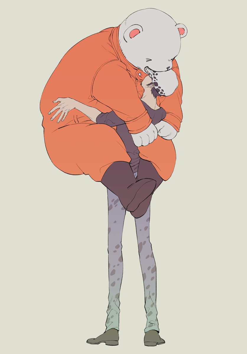 &gt;_&lt; 2boys affectionate archived_source bad_id bad_twitter_id bear bepo black_footwear black_hair black_shirt boots commentary facial_hair fish_(m8snknk) goatee grey_background hat highres hug jumpsuit male_focus multiple_boys one_piece orange_jumpsuit pants shirt shoes sideburns simple_background trafalgar_law
