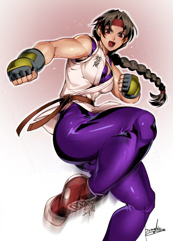 1girl abs alternate_muscle_size ass bare_shoulders biceps black_hair bowalia braid braided_ponytail breasts brown_eyes brown_hair cleavage converse dougi fighting_stance fingerless_gloves gloves headband karate_gi long_hair looking_at_viewer martial_arts_belt muscular muscular_female obliques open_mouth red_headband ryuuko_no_ken shoes signature simple_background single_braid smile sneakers snk solo spandex the_king_of_fighters thick_thighs thighhighs thighs toned toned_female yuri_sakazaki