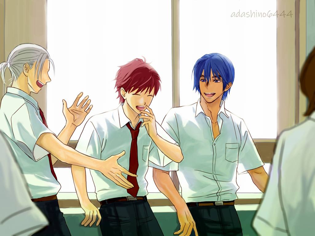 3boys adashino6444 akashi_(trouble_busters) aoto_(trouble_busters) artist_name blue_hair closed_eyes dark-skinned_male dark_skin faceless faceless_male laughing long_hair male_focus multiple_boys necktie open_mouth ponytail red_hair school school_uniform smile sukatto!_trouble_busters tetsu_(trouble_buster) white_hair window