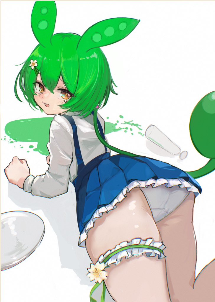 1girl ass blue_skirt blush brown_eyes commentary_request feet_out_of_frame flower frilled_thigh_strap green_hair hair_between_eyes hair_flower hair_ornament long_hair long_sleeves looking_at_viewer looking_back low_ponytail naonaonina open_mouth panties pea_pod plate ponytail shirt simple_background skirt solo spill suspender_skirt suspenders thigh_strap underwear very_long_hair voiceroid voicevox waitress_zundamon white_background white_flower white_panties white_shirt zundamon