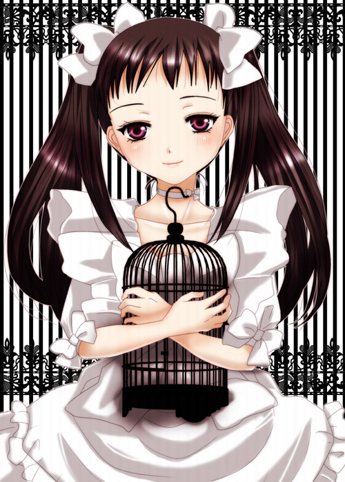 1girl ar_tonelico ar_tonelico_ii birdcage blush bow cage dress female_focus hair_bow inumori_sayaka jakuri_(ar_tonelico) solo twintails