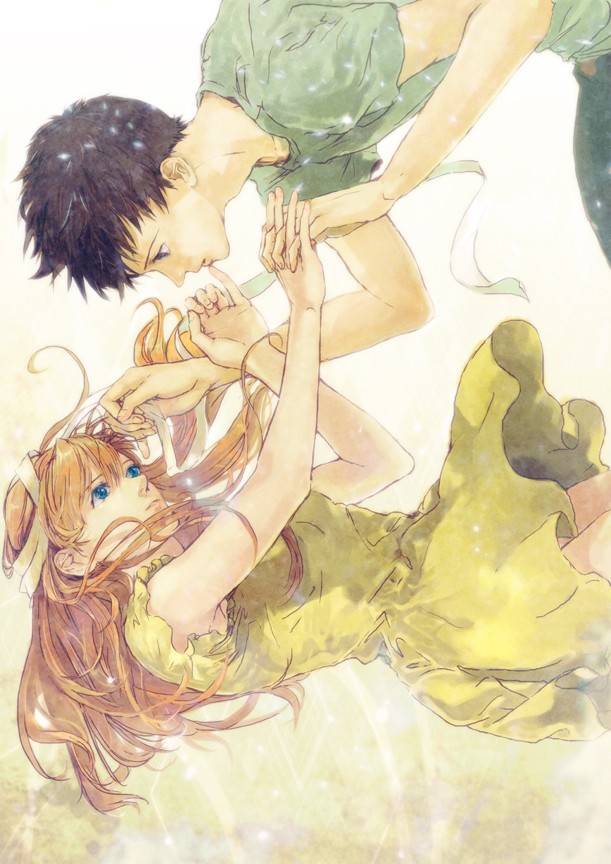 1boy 1girl bad_id bad_pixiv_id bandages black_hair blue_eyes couple dress holding_hands hetero highres ikari_shinji interlocked_fingers long_hair neon_genesis_evangelion ni-co niko_(silent.whitesnow) orange_hair own_hands_together profile sideways souryuu_asuka_langley yellow_dress