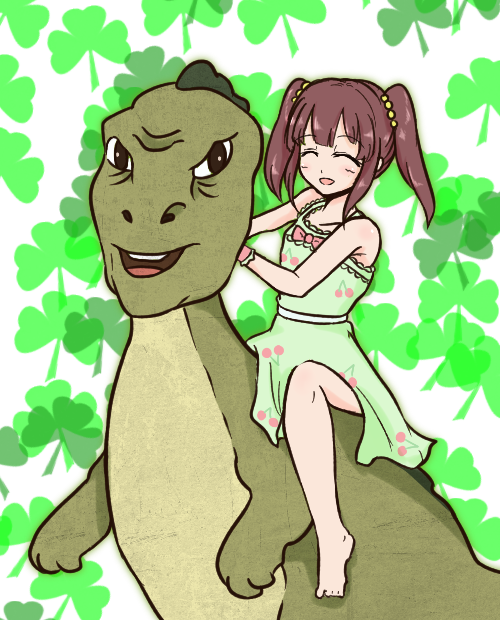 10s artist_request barefoot clover crossover dinosaur dinosaur_adventure dress idolmaster idolmaster_cinderella_girls ogata_chieri oro_(dinosaur_adventure) red_hair riding source_request takagaki_kaede twintails yee_(meme)