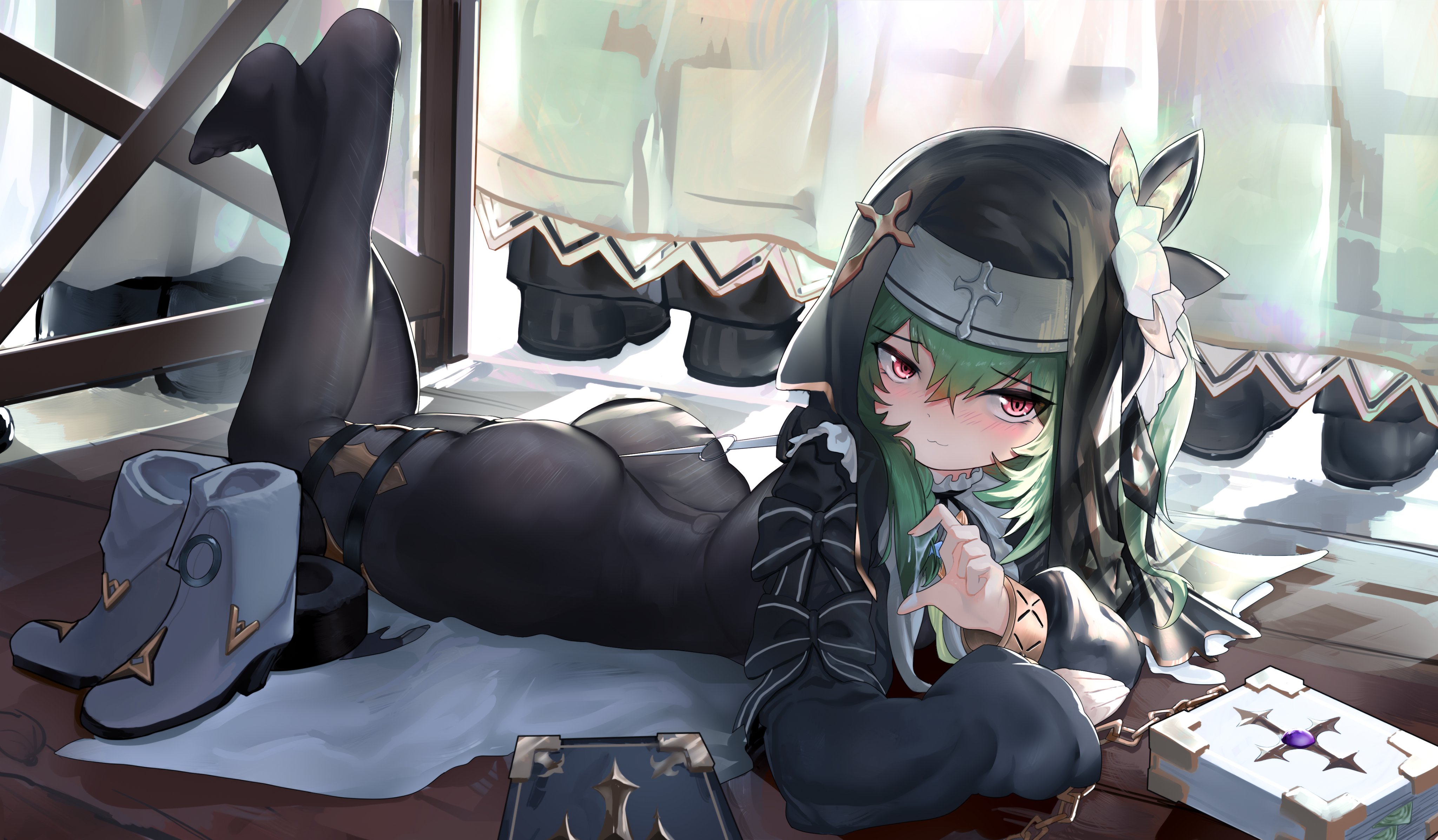 1girl :3 absurdres ass black_dress blush bodystocking book boots closed_mouth commission cross cuffs dress elbow_rest feet full_body green_hair hair_between_eyes highres huanxiang_koudai_meow indoors long_hair long_sleeves looking_at_viewer lying no_shoes nun on_floor on_stomach original pocketfans red_eyes second-party_source shackles shoes solo the_pose thigh_strap turning_head unworn_boots unworn_shoes veil white_boots