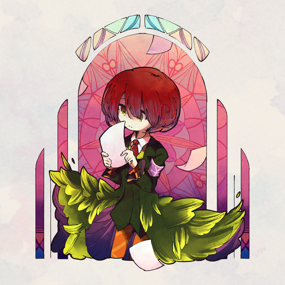 1girl armband black_swan_(e.g.o) closed_mouth coat collared_shirt commentary_request diagonal_stripes e.g.o_(project_moon) employee_(project_moon) green_coat green_vest holding holding_paper hoshizuki_sakusa lobotomy_corporation long_sleeves necktie nugget_(project_moon) open_clothes open_coat orange_pants pants paper project_moon purple_armband red_hair red_necktie shirt short_hair solo striped_clothes striped_pants vest white_shirt yellow_eyes