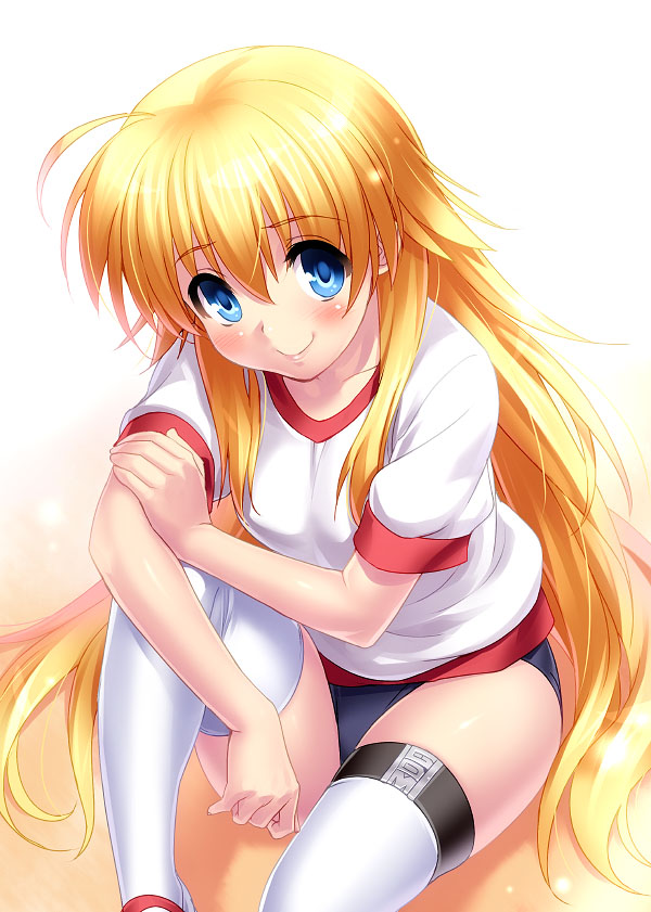 1girl ahoge angel_beats! blonde_hair blue_eyes blush breasts closed_mouth female_focus hair_between_eyes hand_on_own_arm knee_up long_hair looking_at_viewer medium_breasts sekine_shiori shirt short_sleeves simple_background sitting smile solo white_legwear zen