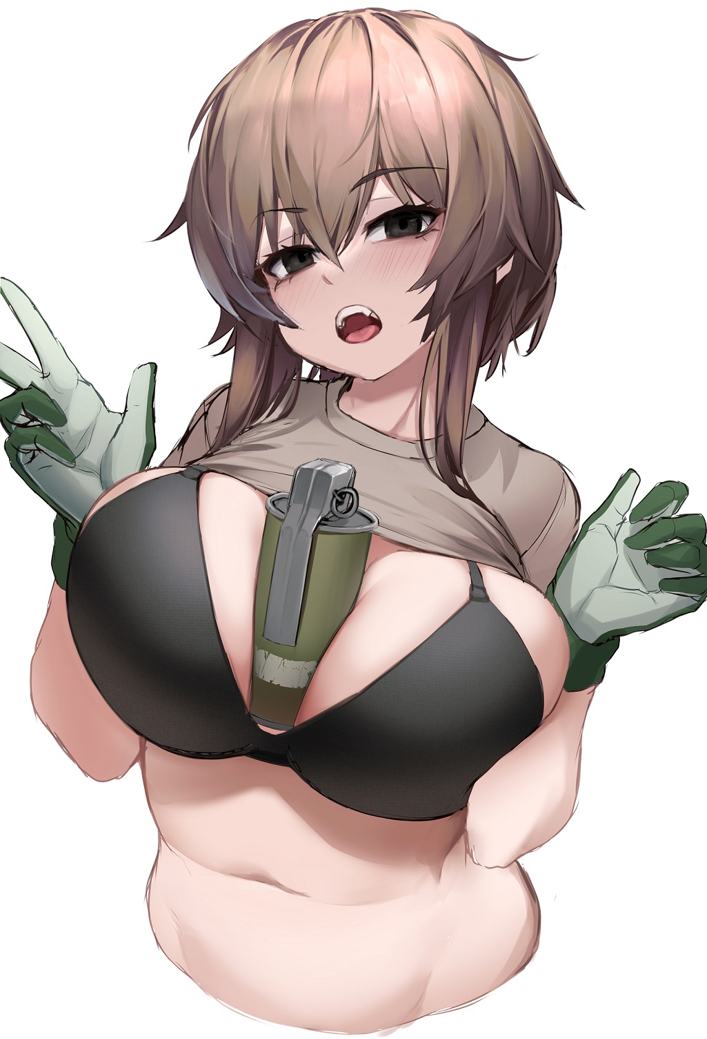 1girl between_breasts black_bra black_eyes blush bra breasts brown_hair commentary cropped_torso explosive gloves green_gloves grenade hair_between_eyes highres karinn_(ka941) large_breasts looking_at_viewer navel nine_(kanine41) open_mouth original simple_background smoke_grenade solo symbol-only_commentary teeth tongue underwear upper_body upper_teeth_only w white_background