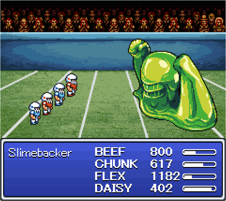 4boys american_football_helmet american_football_uniform battle clenched_hands crowd dewndeym final_fantasy from_side helmet multiple_boys national_football_league nickelodeon parody pixel_art red_hair slime_(creature) sportswear
