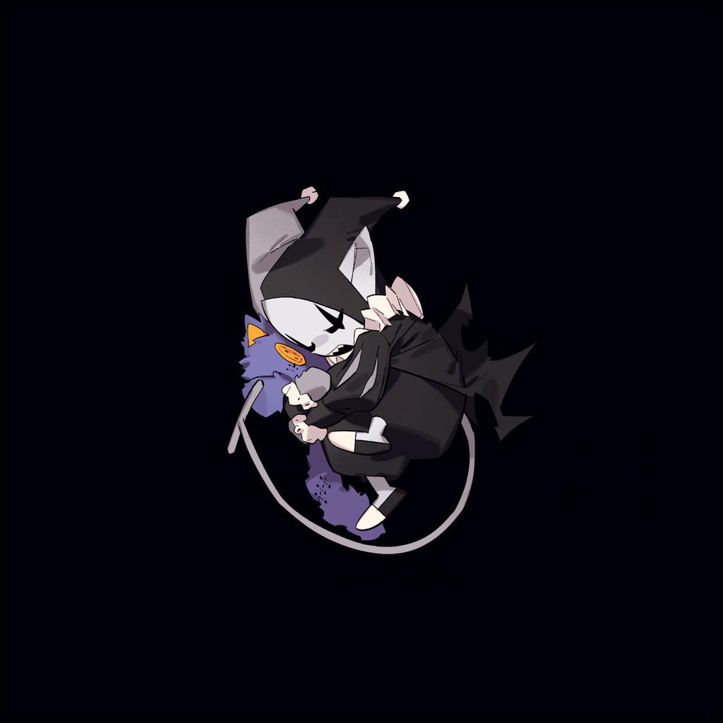 1boy allhailjotman black_background black_hat black_shorts character_doll closed_eyes clown clown_boy colored_skin commentary deltarune doll english_commentary frilled_sleeves frills from_above full_body grey_hat grey_skin grey_tail hat holding holding_doll jester jester_boy jester_cap jevil long_sleeves male_focus neck_ruff open_mouth puff_and_slash_sleeves puffy_sleeves seam_(deltarune) sharp_teeth shorts simple_background solo teeth two-tone_hat u_u upper_teeth_only