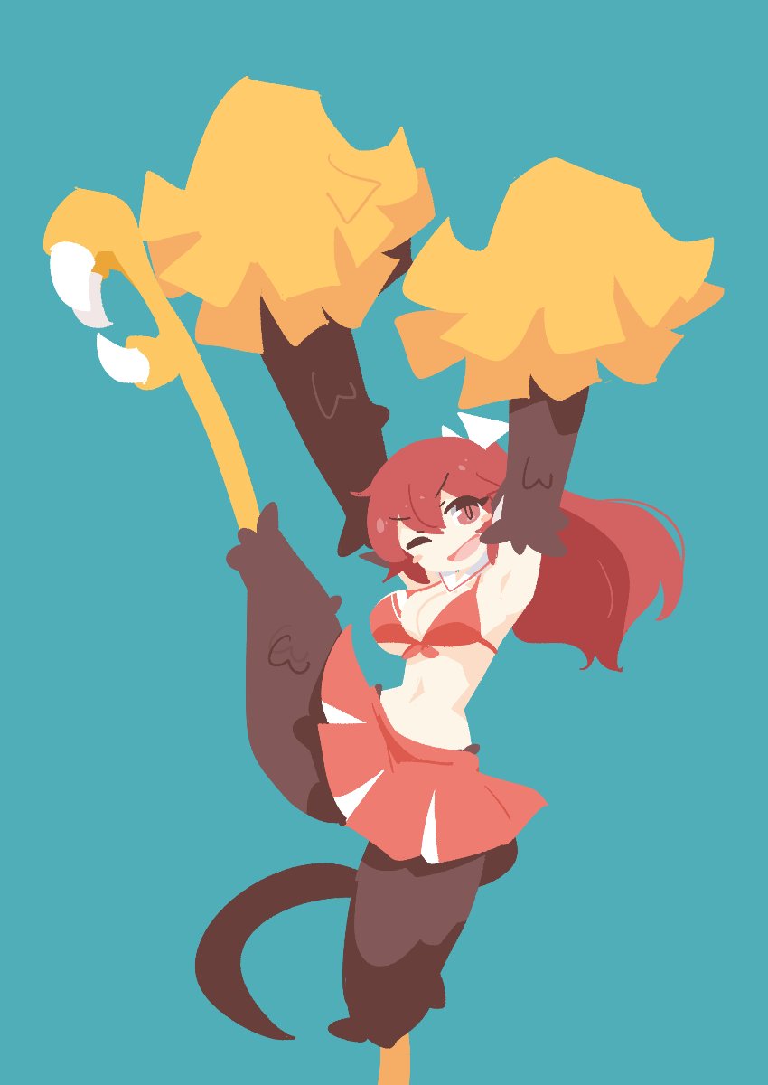 1girl animal_ears big_o_pants bird_ears bird_legs bird_tail blue_background blush_stickers breasts brown_feathers brown_wings cheerleader commentary_request feathers fio-chan_(big_o_pants) harpy highres large_breasts long_hair looking_at_viewer monster_girl no_lineart one_eye_closed open_mouth original pom_pom_(cheerleading) red_eyes red_hair red_skirt simple_background skirt solo standing standing_on_one_leg tail talons winged_arms wings