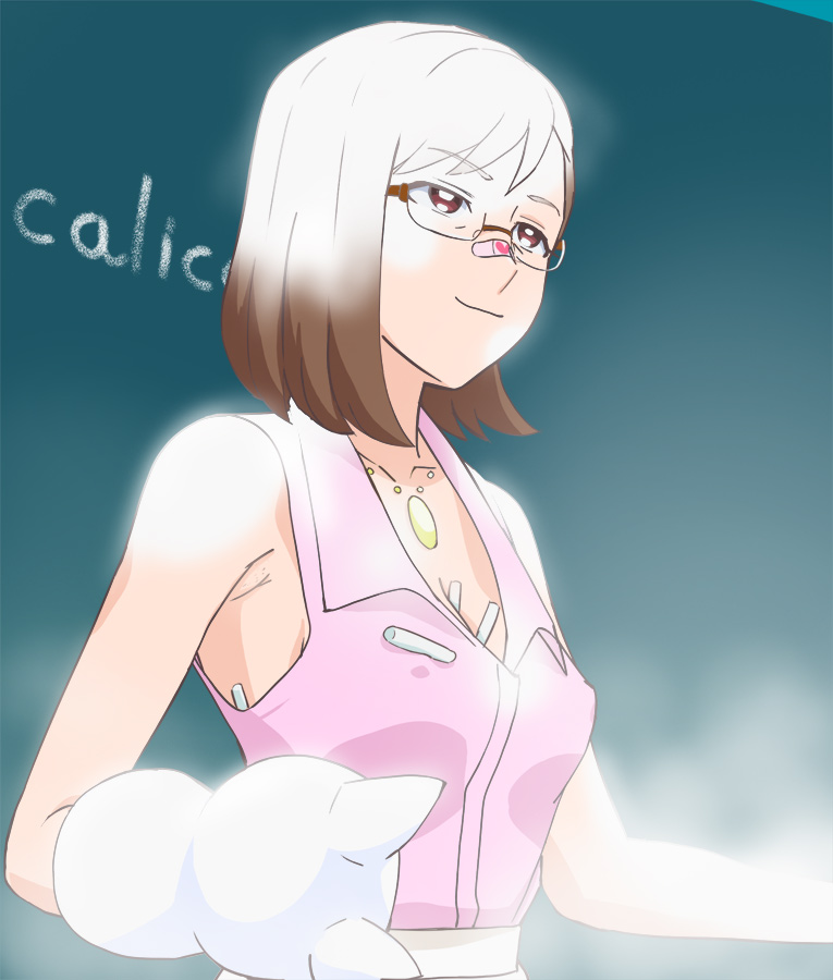 1girl animal_hands bandaid bandaid_on_face bandaid_on_nose between_breasts breasts brown_eyes brown_hair cat_paws chalk chalkboard cleavage closed_mouth collarbone glasses haruyama_kazunori jewelry medium_breasts necklace pink_shirt precure sakuragawa_saki shirt short_hair sleeveless sleeveless_shirt smile solo tropical-rouge!_precure
