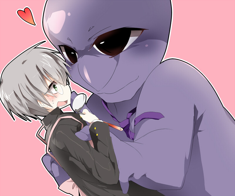 1boy ao_oni apron bad_id bad_pixiv_id blush emia_(castilla) eye_contact gakuran glasses green_eyes heart hiroshi_(ao_oni) holding hug ladle long_sleeves looking_at_another necktie pink_background profile school_uniform shiny_clothes silver_hair simple_background sweatdrop the_oni_(ao_oni) upper_body