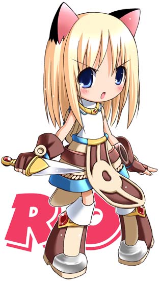 1girl 2000s_(style) :o animal_ears backpack bag blonde_hair blue_eyes blush boots brown_bag brown_boots brown_gloves brown_shorts cat_ears cat_girl chibi chibi_only commentary_request copyright_name dagger fingerless_gloves full_body gloves holding holding_dagger holding_knife holding_weapon knife looking_at_viewer medium_hair open_mouth ragnarok_online shirt shorts simple_background sleeveless sleeveless_shirt solo standing super_novice_(ragnarok_online) tako_(all_delete) v-shaped_eyebrows weapon white_background white_shirt