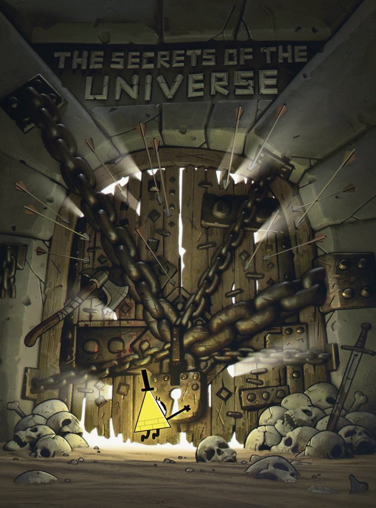 1boy 3d arrow_(projectile) axe bill_cipher black_hat blender_(medium) bone book_of_bill broken broken_chain chain commentary disney door english_commentary english_text eyelashes from_behind gravity_falls hat ian_worrel lock locked male_focus official_art one-eyed sand second-party_source skull solo sword teeth top_hat weapon