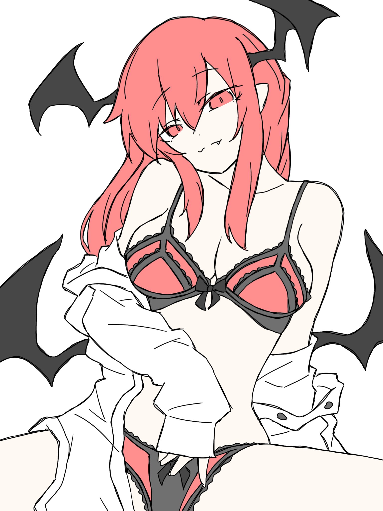 1girl black_bow black_wings bow bow_bra bow_panties bra breasts buttons cleavage closed_mouth cowboy_shot demon_girl demon_wings fang fang_out frilled_bra frilled_panties frills fumomono head_wings highres koakuma long_hair looking_at_viewer low_wings medium_breasts off_shoulder panties partially_undressed pointy_ears red_bra red_eyes red_hair red_panties shirt shirt_partially_removed sidelocks simple_background sitting sleeves_past_wrists smile solo touhou underwear white_background white_shirt wings