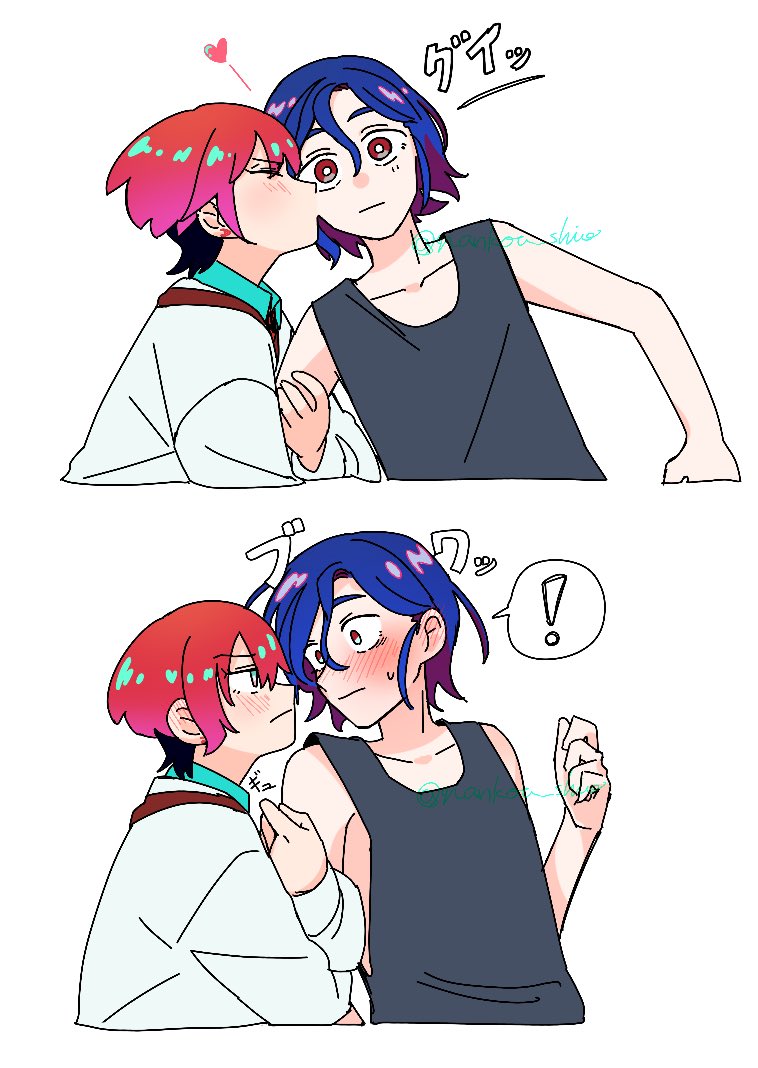 ! 1boy 1girl amate_yuzuriha aqua_eyes arm_hug blue_hair blush closed_eyes collared_shirt colored_inner_hair commentary_request gundam gundam_gquuuuuux heart hetero kiss kissing_cheek multicolored_hair nankou_shio profile purple_hair red_eyes red_hair school_uniform shirt short_hair shuji_ito simple_background sleeveless speech_bubble spoken_exclamation_mark sweatdrop sweater tank_top two-tone_hair white_background wide-eyed