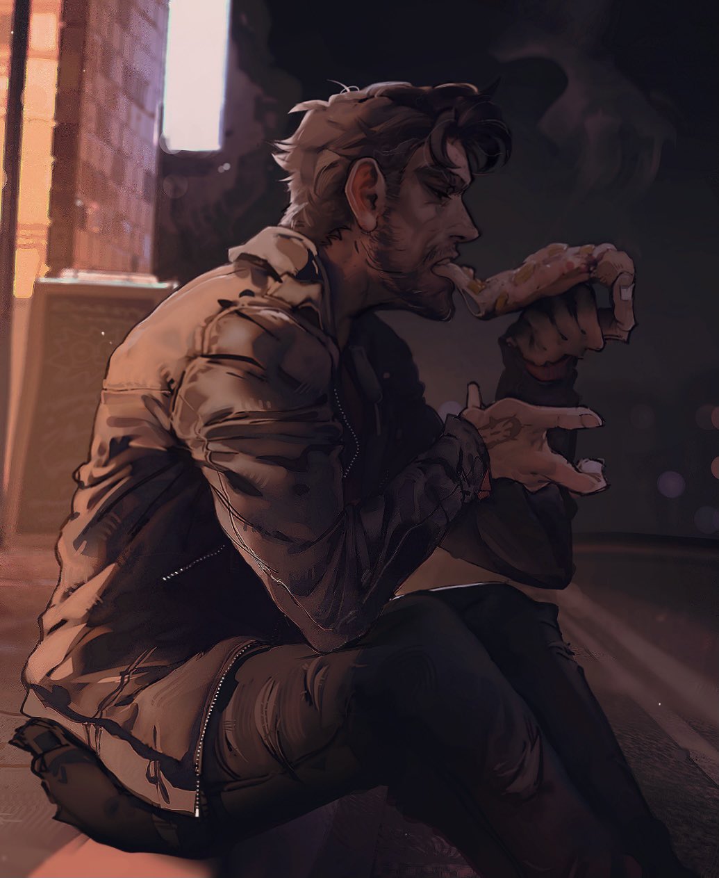 1boy beard black_pants closed_eyes dream_daddy:_a_dad_dating_simulator eating facial_hair food highres jacket leather leather_jacket long_sleeves night outdoors pants pizza pizza_slice robert_small sevvanto sitting solo
