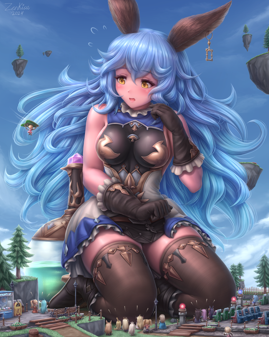 animal_ears bare_shoulders blue_hair blush boots breasts cleavage ferry_(granblue_fantasy) giant giantess gloves granblue_fantasy high_heel_boots high_heels long_hair medium_breasts skin_tight skindentation skirt thighhighs very_long_hair yuel_(granblue_fantasy) yuel_(water)_(granblue_fantasy) zen-gts zettai_ryouiki