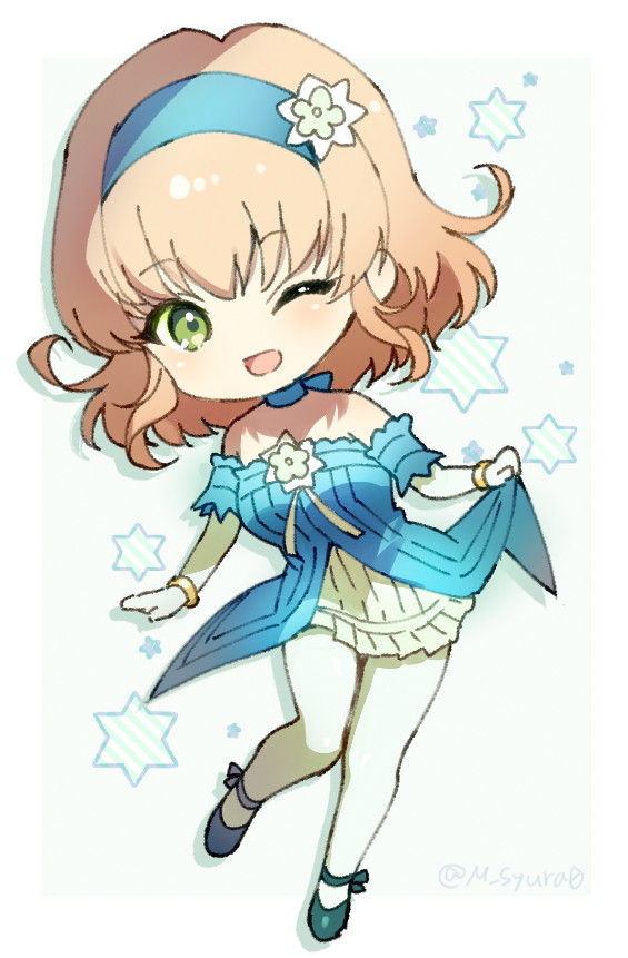 1girl bangle bare_shoulders blonde_hair blue_choker blue_dress blue_footwear blue_hairband border bracelet chibi choker clothes_lift commentary dress dress_flower dress_lift drop_shadow elbow_gloves flower full_body gloves green_eyes hair_flower hair_ornament hairband jewelry leaning_to_the_side looking_at_viewer medium_hair natalia_luzu_kimlasca_lanvaldear natalia_luzu_kimlasca_lanvaldear_(beloved_princess) official_alternate_costume one_eye_closed open_mouth outside_border pantyhose shuragyoku_mami skirt smile solo star_(symbol) star_symbol_background symbol-only_commentary tales_of_(series) tales_of_the_abyss twitter_username white_border white_gloves white_pantyhose white_skirt
