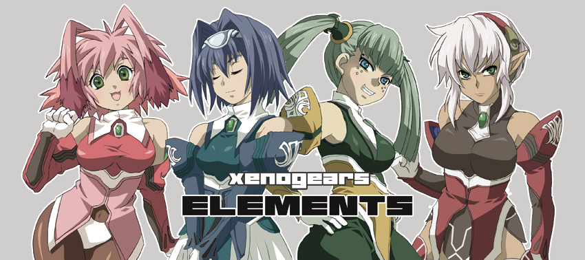 4girls animal_ears blue_eyes blue_hair breasts closed_mouth dark-skinned_female dark_skin dominia_yizkor closed_eyes gloves green_eyes hairband kelvena_(xenogears) long_hair looking_at_viewer medium_breasts medium_hair multiple_girls open_mouth pink_hair pointy_ears rabbit_ears seraphita_(xenogears) short_hair simple_background smile tolone_(xenogears) twintails ufupuri white_hair xenogears