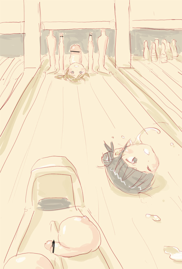 2girls black_hair borusen bowling bowling_alley breasts disembodied_head disembodied_hand double_bun hair_bun large_breasts mito_kumi multiple_girls pao_da_tong penis pussy_juice
