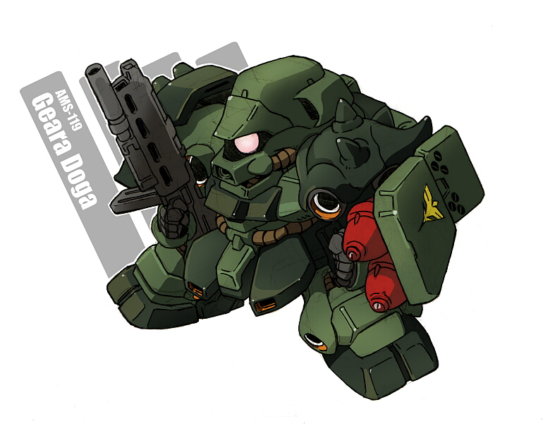 beam_machinegun char&#039;s_counterattack chibi geara_doga glowing glowing_eye gundam high-explosive_anti-tank_(warhead) man-portable_anti-tank_systems mecha no_humans panzerfaust recoilless_gun robot rocket_launcher shield solo spikes take_tonbo weapon