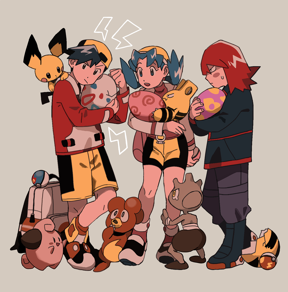 1girl 2boys backpack backwards_hat bag bike_shorts black_eyes black_hair black_jacket blue_eyes blue_hair blush blush_stickers cleffa cracked_egg egg elekid ethan_(pokemon) fast_ball full_body gen_2_pokemon great_ball hat holding holding_poke_ball hood hoodie igglybuff_egg jacket kris_(pokemon) lure_ball magby multiple_boys nintendo pichu poke_ball pokegear pokemon pokemon_(creature) pokemon_egg pokemon_gsc red_hair red_hoodie red_shirt sanigo shirt shorts silver_(pokemon) smoochum_egg sport_ball sweatdrop tears teeth togepi_egg twintails tyrogue upper_teeth_only