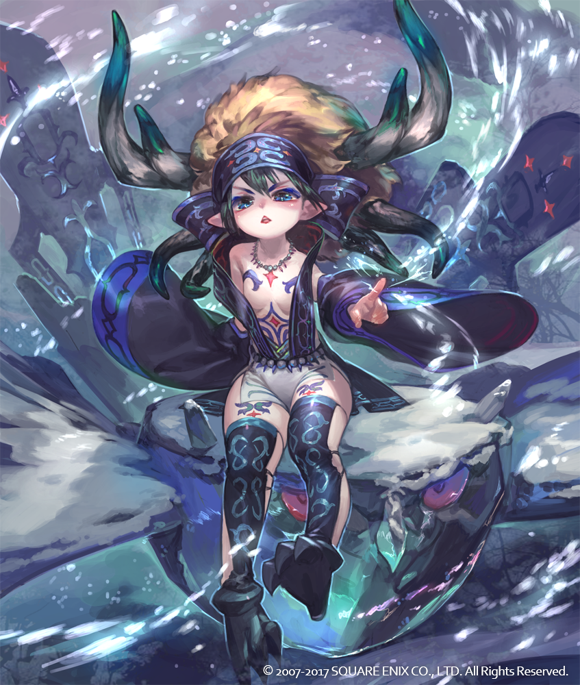 1girl antlers blue_eyes blush chest_tattoo claws copyright_notice cryokinesis detached_sleeves flat_chest horns index_finger_raised lord_of_vermilion monster official_art okikurumi_(lord_of_vermilion) parted_lips so-taro solo tattoo thighhighs wide_sleeves