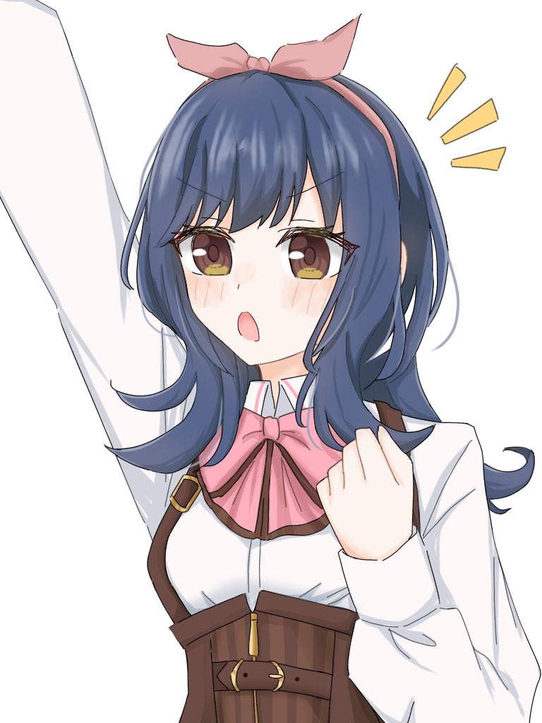 1girl arm_up assault_lily belt belt_buckle blue_hair blush bow bow_hairband bowtie brown_belt buckle clenched_hand collared_shirt commentary corset hair_bow hairband hand_up long_hair long_sleeves looking_ahead ludvico_private_girls&#039;_academy_school_uniform nagase_marta_nonoka notice_lines open_mouth outstretched_arm pink_bow pink_bowtie pink_hairband sana_(hs_yp1) school_uniform shirt simple_background solo suspenders underbust upper_body v-shaped_eyebrows white_background white_shirt yellow_eyes zipper_pull_tab