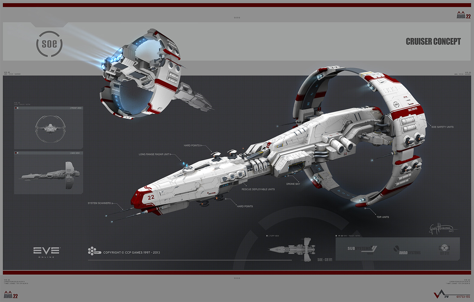 3d carrier combat_ship_(eve_online) commentary company_logo company_name concept_art copyright_name cruiser_(eve_online) dated droneboat_(eve_online) english_text eve_online exploration_ship_(eve_online) flying from_side georg_hilmarsson glowing hangar logo military_vehicle multiple_views no_humans official_art pirate_faction_(eve_online) radar radio_antenna realistic science_fiction servant_sisters_of_eve signature spacecraft stratios_(eve_online) thrusters turret vehicle_focus