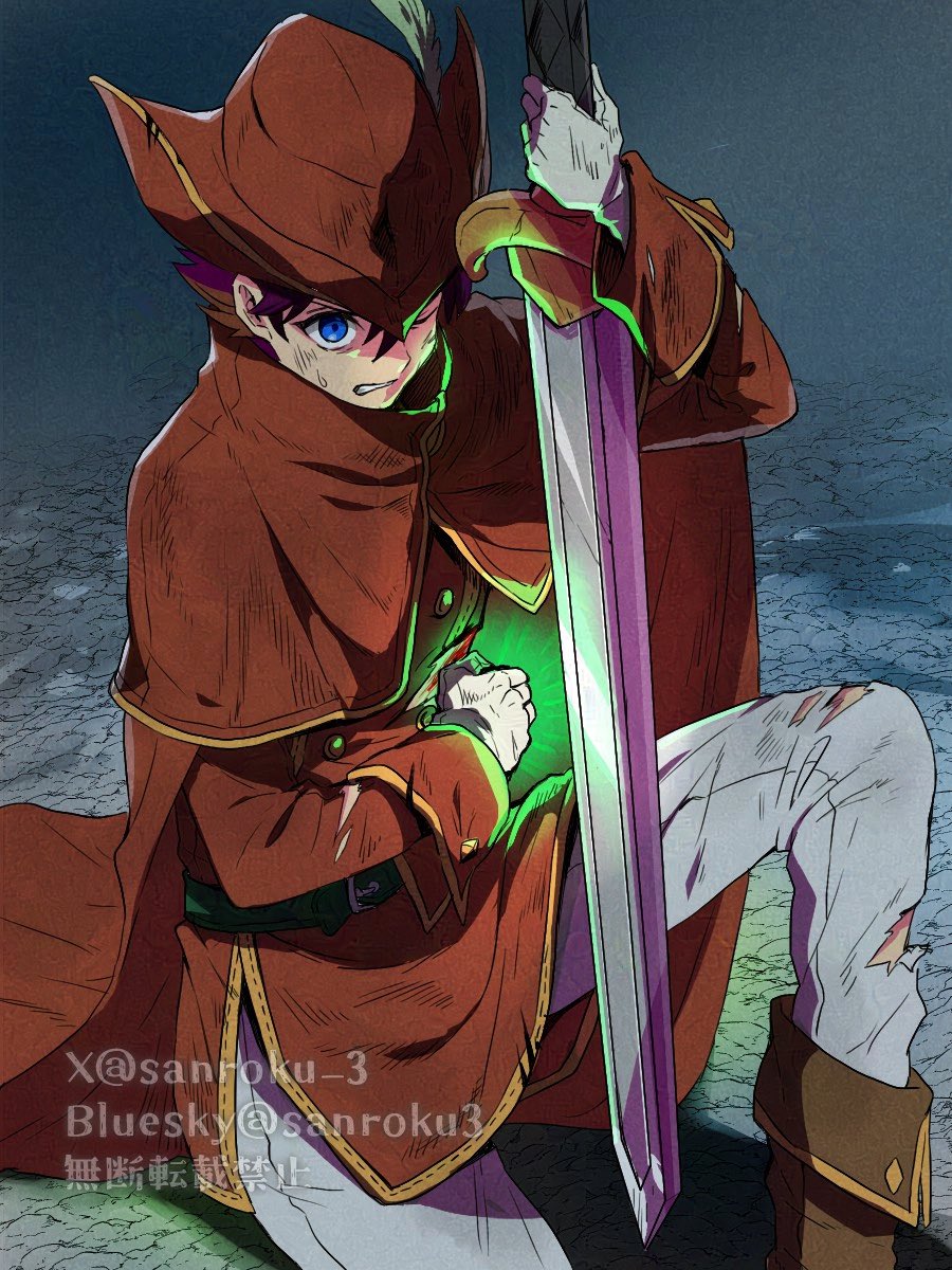 1boy bartz_klauser blue_eyes boots brown_boots brown_hair capelet clenched_teeth cloak dirty dirty_face final_fantasy final_fantasy_v gloves glowing glowing_hand gold_trim hair_between_eyes hand_on_own_stomach hat hat_feather highres holding holding_sword holding_weapon long_sleeves male_focus on_one_knee one_eye_closed pants red_capelet red_cloak red_hat red_mage_(final_fantasy) red_tunic sanroku_3 short_hair solo sweatdrop sword teeth torn_clothes torn_pants tunic twitter_username weapon white_gloves white_pants