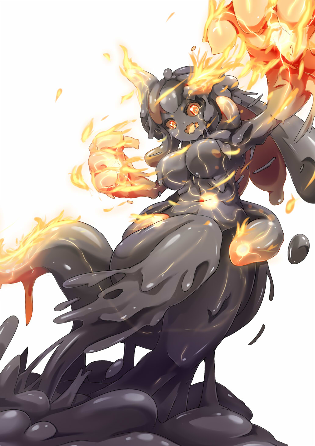 1girl @_@ black_hair breasts brown_sclera burning cleavage colored_sclera commentary_request completely_nude dunceneygak fire flaming_hand glowing_stomach highres large_breasts leg_up looking_at_viewer looking_down monster_girl multicolored_eyes navel nude orange_eyes original petroleum simple_background slime_(substance) slime_girl solo stomach two-tone_eyes underboob white_background yellow_eyes