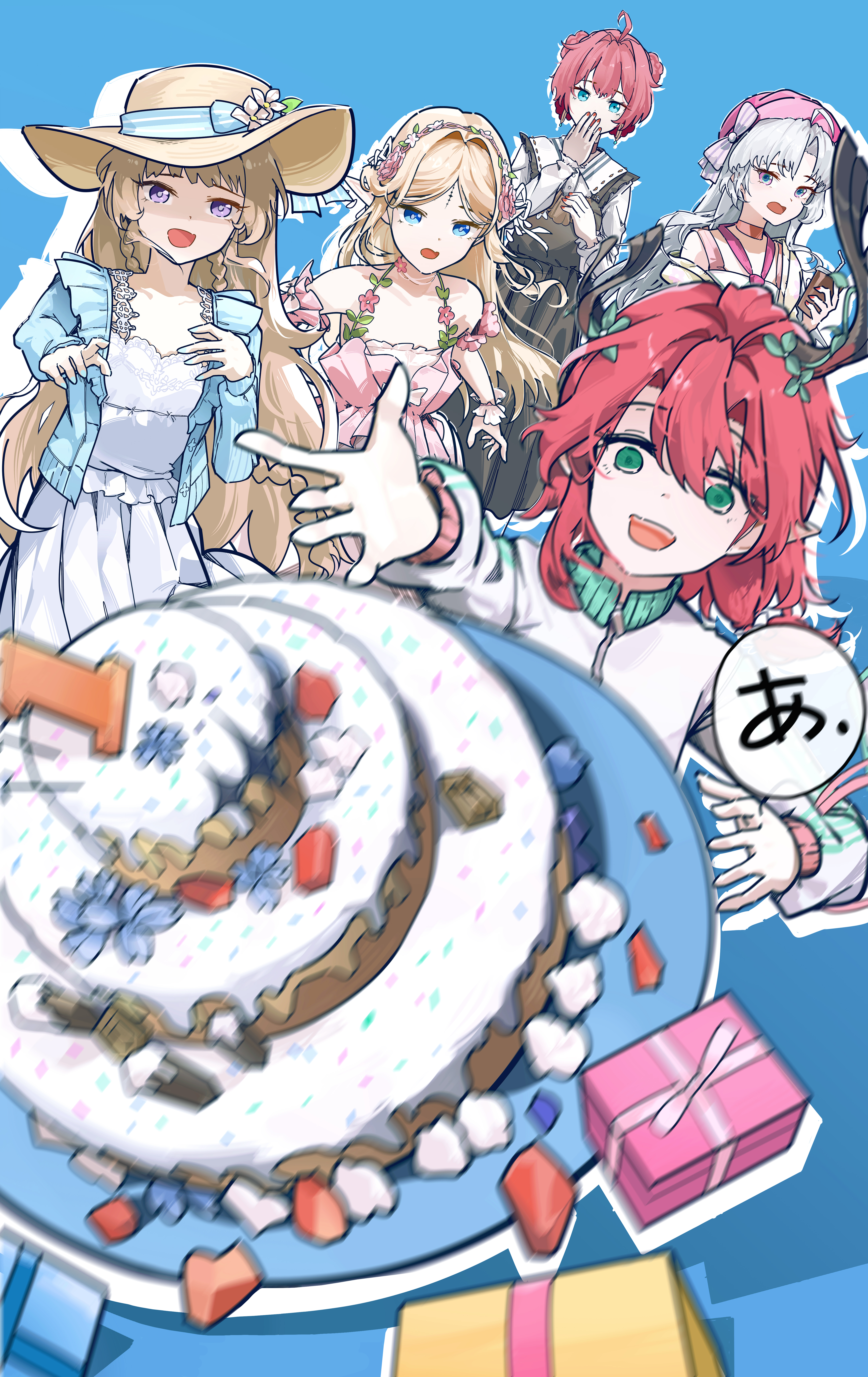 5girls absurdres alternate_costume bare_shoulders black_dress blonde_hair blue_background blue_eyes blue_jacket box cake carlotta_(wuthering_waves) cartethyia_(wuthering_waves) ciaccona_(wuthering_waves) commentary covering_own_mouth cup danjin_(wuthering_waves) dress english_commentary flower food gift gift_box green_eyes hair_flower hair_intakes hair_ornament hat highres holding holding_cup jacket long_hair motion_blur multiple_girls official_alternate_costume open_mouth parted_bangs phoebe_(wuthering_waves) pink_dress pink_hat purple_eyes red_hair ryeon_(naturesan) short_hair tacet_mark_(wuthering_waves) translation_request tree_horns white_dress wuthering_waves yellow_hat