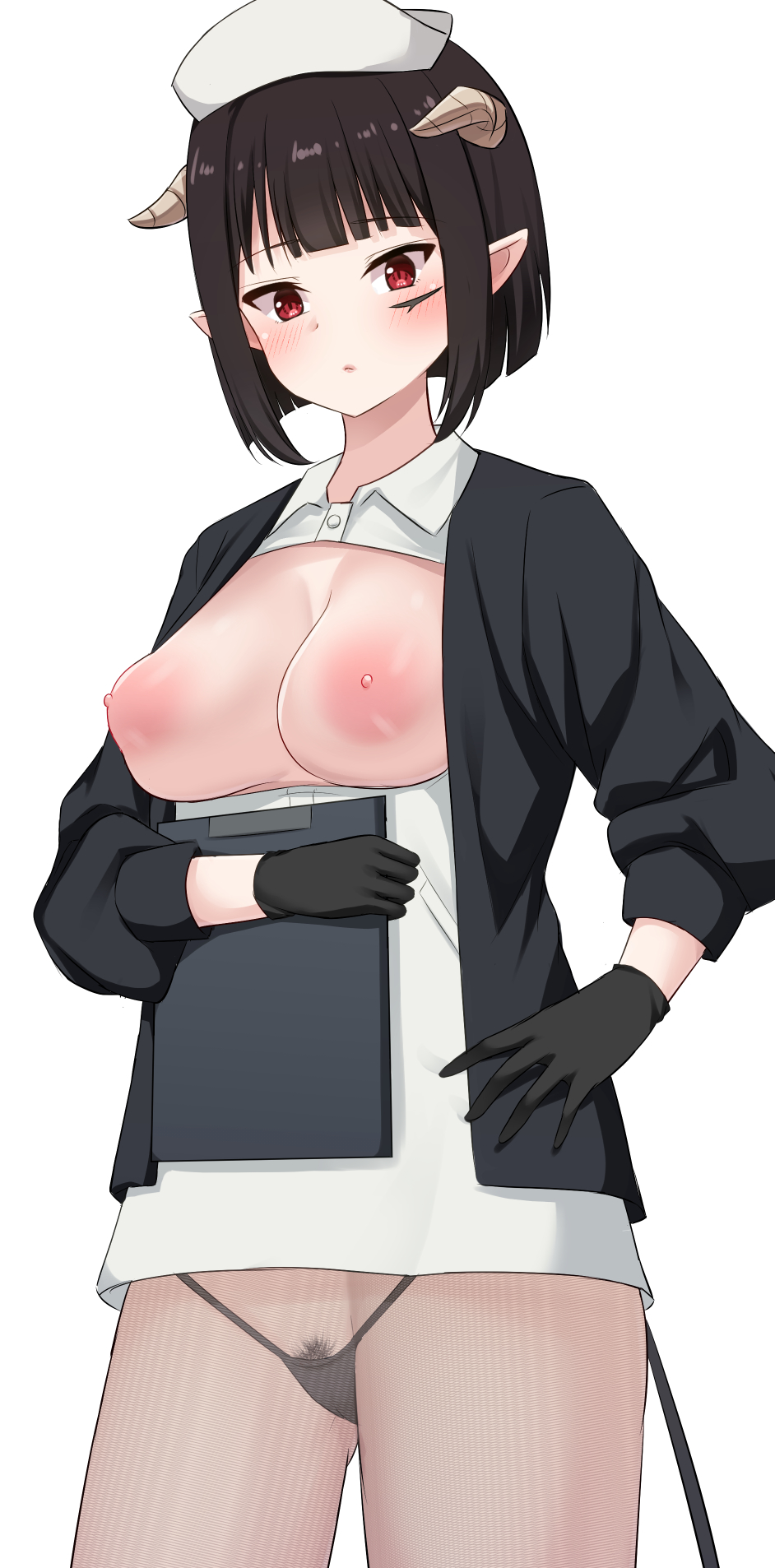 1girl black_gloves black_hair black_panties black_robe blush breasts breasts_out cleft_of_venus closed_mouth cowboy_shot demon_girl demon_horns demon_tail dot_nose dress eyebrows facial_mark female_focus female_pubic_hair gloves hand_on_own_hip hat highres hime-sama_&quot;goumon&quot;_no_jikan_desu horns large_breasts long_sleeves looking_at_viewer medium_hair nipples no_bra nurse_cap open_clothes open_dress open_robe panties pantyhose pointy_ears pubic_hair red_eyes robe shipua_(the_worst_night_ever) short_dress simple_background solo tail torture_tortura transparent underwear white_background white_dress white_hat white_pantyhose