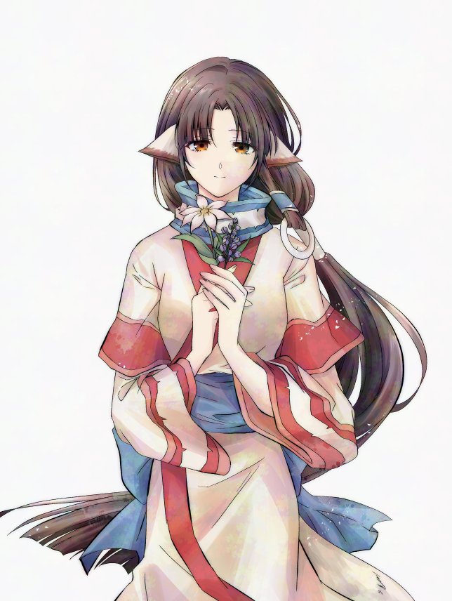 1girl animal_ears black_hair brown_eyes closed_mouth commentary_request curtained_hair eruruu long_hair looking_at_viewer mv1oykfqvq75966 own_hands_together simple_background smile solo standing utawarerumono very_long_hair white_background