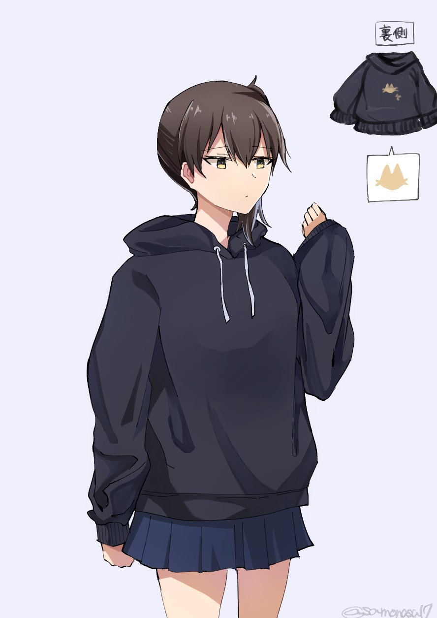 1girl alternate_costume black_sweater blue_skirt brown_eyes brown_hair commentary_request cowboy_shot drawstring grey_background highres hood hooded_sweater hoodie kaga_(kancolle) kantai_collection long_hair pleated_skirt samonasu17 side_ponytail simple_background skirt solo standing sweater translation_request
