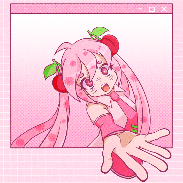 1girl ahoge collared_shirt cryptidhermit flower-shaped_pupils food-themed_hair_ornament fruit_hair_ornament gradient_background hair_ornament hatsune_miku icon_(computing) long_hair looking_at_viewer necktie official_alternate_costume open_mouth pink_eyes pink_hair pink_necktie sakura_miku shirt simple_background sleeveless sleeveless_shirt symbol-shaped_pupils teeth tongue twintails upper_teeth_only very_long_hair vocaloid window_(computing)