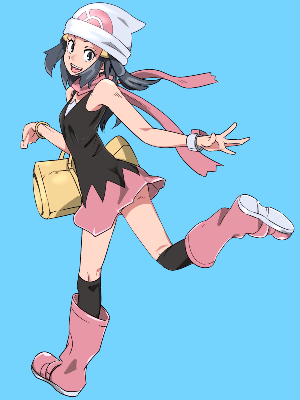 1girl bad_id bad_pixiv_id bag bare_shoulders beanie black_socks blue_background blue_eyes blue_hair boots bracelet breasts dawn_(pokemon) dress elbow_carry female_focus from_behind full_body hair_ornament hairclip handbag happy hat jewelry jpeg_artifacts kneehighs leg_up long_hair looking_at_viewer matching_hair/eyes multicolored_dress nintendo open_mouth over-kneehighs pink_boots pink_scarf poke_ball_symbol poke_ball_theme pokemon pokemon_dppt running scarf sidelocks simple_background sleeveless sleeveless_dress small_breasts smile socks solo teeth thighhighs tongue watch white_hat wristwatch zaitsu