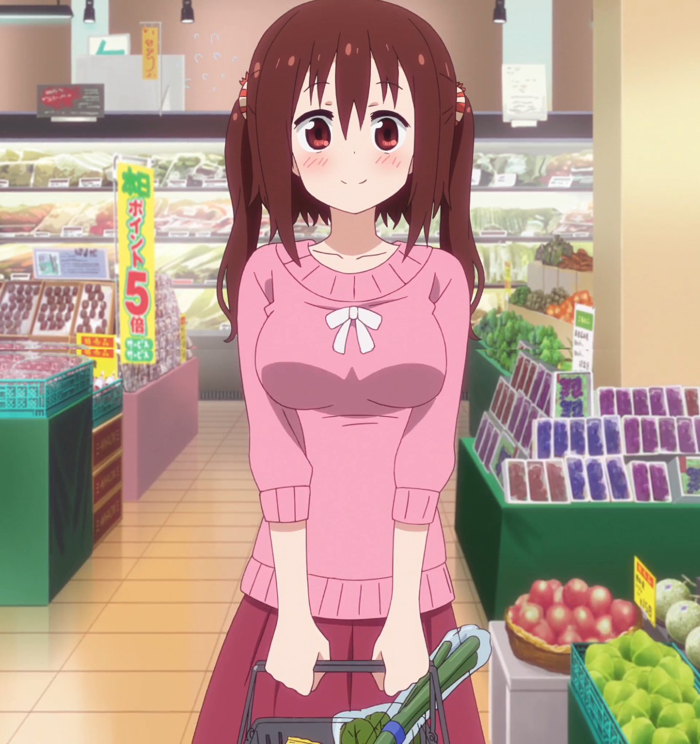 1girl breasts brown_eyes brown_hair closed_mouth collarbone dot_nose ebina_nana female_focus food fruit groceries hair_ornament highres himouto!_umaru-chan himouto!_umaru-chan_r holding indoors large_breasts long_sleeves looking_at_viewer melon smile solo standing stitched third-party_edit