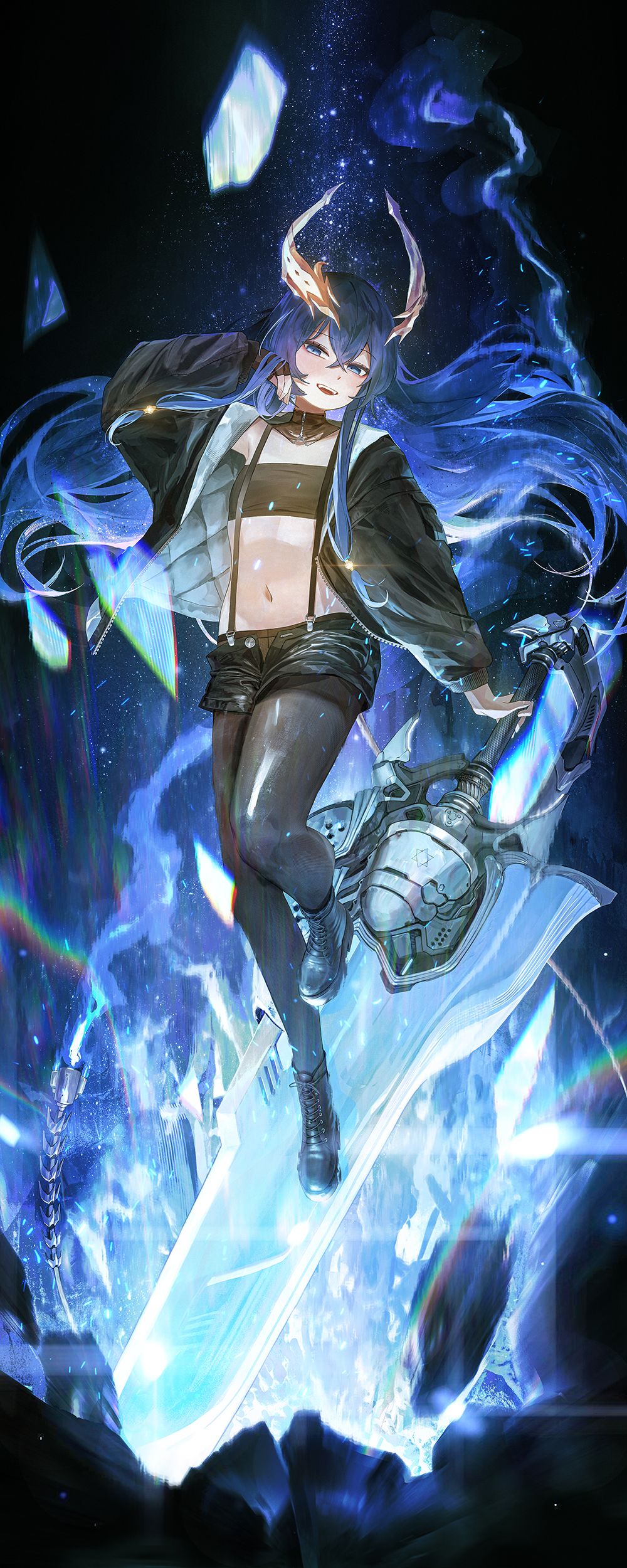 absurdres arknights black_pantyhose blue_eyes blue_hair character_request detached_collar fingerless_gloves flat_chest flying gloves highres huge_weapon jacket long_hair looking_at_viewer mo_ne navel open_mouth pantyhose shorts sidelocks strap sword teeth upper_teeth_only weapon