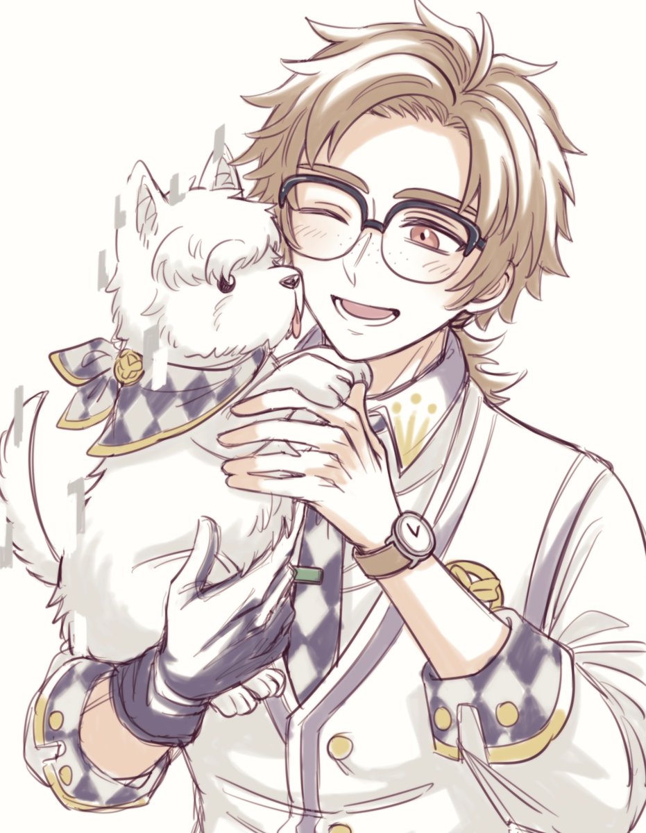 1boy 39999m ;d animal animalization brown_eyes brown_hair checkered_neckerchief checkered_necktie collared_shirt dog freckles glasses gloves grey_gloves highres holding holding_animal horropedia looking_at_animal low_ponytail lower_teeth_only male_focus medium_hair neckerchief necktie one_eye_closed open_mouth person_and_animalization ponytail reverse:1999 shirt single_glove smile solo teeth terrier_(dog) upper_body vest watch white_background white_shirt white_vest wristwatch