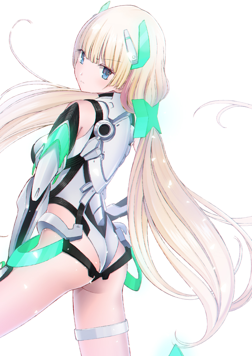 &gt;:( 1girl :&lt; angela_balzac annoyed armor backlighting bad_id bad_nicoseiga_id bare_shoulders blonde_hair blue_eyes blunt_bangs blush breasts chikuwa_(glossymmmk) chikuwa_(odennabe) closed_mouth commentary_request cowboy_shot deva_battle_suit dutch_angle elbow_gloves female_focus floating_hair from_side frown gloves halterneck hand_on_own_hip hand_on_own_thigh head_tilt headgear highleg highleg_leotard hime_cut legs_apart leotard long_hair looking_at_viewer looking_back low_twintails mecha_pilot_suit medium_breasts nape pilot_suit rakuen_tsuihou simple_background solo standing straight_hair thigh_strap turtleneck twintails v-shaped_eyebrows very_long_hair white_background white_leotard