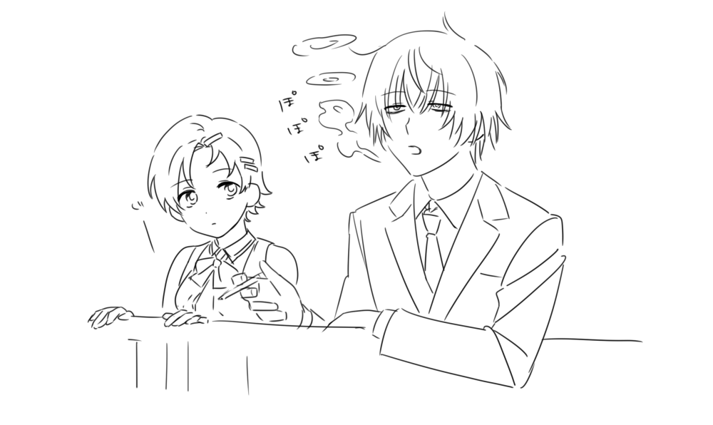 1103sns 1boy 1girl blowing_smoke closed_mouth expressionless formal_clothes hair_ornament hairclip half-closed_eyes hand_on_railing hitomi_hirosuke_(sayonara_wo_oshiete) lapels lineart long_sleeves looking_at_another monochrome necktie open_mouth sayonara_wo_oshiete short_hair simple_background smoke_ring smoking staring suit takada_nozomi upper_body