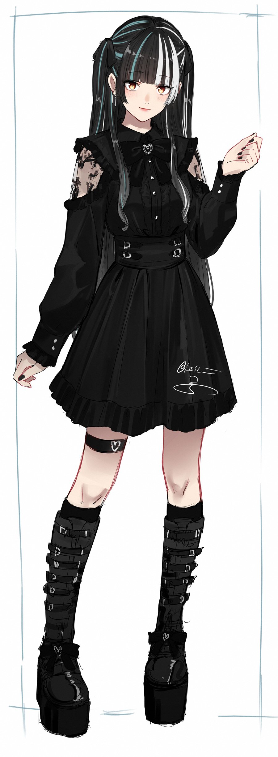 1girl absurdres black_boots black_bow black_hair black_nails black_ribbon black_shirt black_skirt black_socks blunt_bangs blush boots bow brooch brown_eyes closed_mouth commentary earrings full_body green_hair hair_ribbon harusaruhi heart heart_brooch high-waist_skirt highres isshiki_(ffmania7) jewelry jirai_kei kamitsubaki_studio knee_boots kneehighs lace looking_at_viewer multicolored_hair platform_boots platform_footwear ribbon shirt shirt_tucked_in signature simple_background skirt smile socks solo standing streaked_hair symbol-only_commentary thigh_strap two_side_up white_background