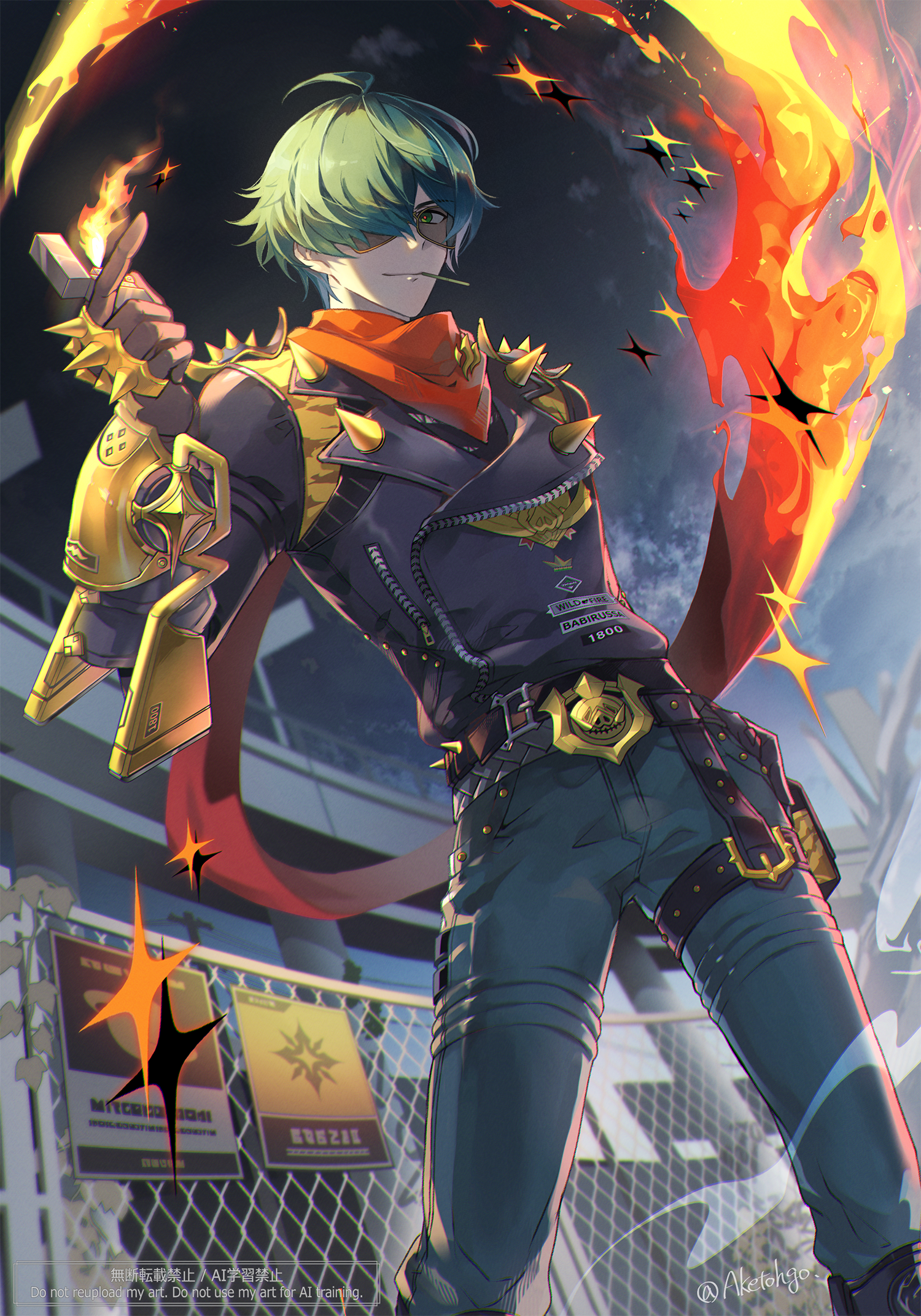 1boy ahoge aketohgo artist_name belt belt_buckle black_belt black_gloves black_jacket blue_pants buckle burning_clothes chain-link_fence closed_mouth cloud commentary_request fence gloves green_eyes green_hair hair_over_one_eye hand_on_own_hip hand_up highres holding holding_lighter jacket leather leather_jacket lighter lighter_(zenless_zone_zero) long_sleeves looking_at_viewer male_focus mouth_hold night night_sky one_eye_covered outdoors pants pouch red_scarf scarf short_hair shoulder_spikes sign sky smile solo spikes stadium standing sunglasses thigh_pouch thigh_strap toothpick twitter_username watermark zenless_zone_zero zipper_pull_tab